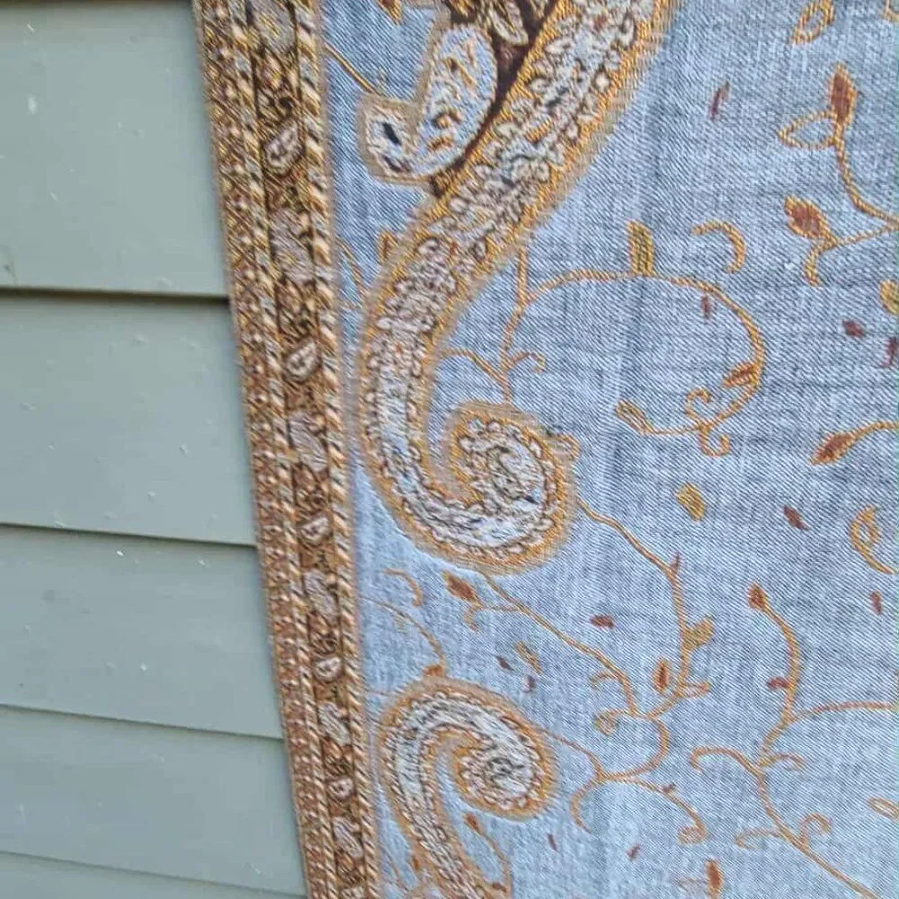 Denim Blue Brown Gold Pashmina & Skilk Pashmina